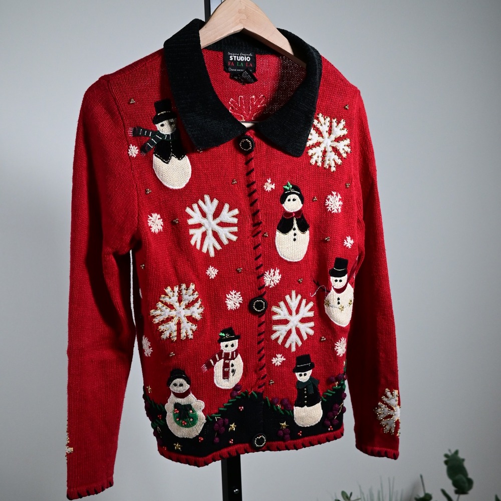 Designers Originals Studio Red Snowman Ugly Christmas Sweater Cardigan P/M